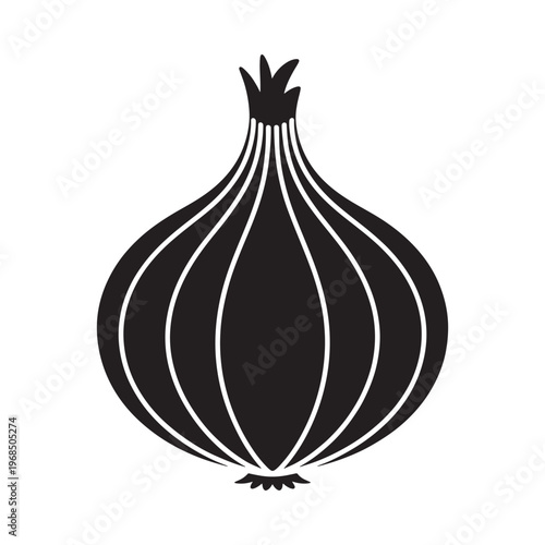 A simple black and white illustration of a single onion shape