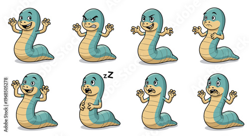 Cartoon snake character showing various emotions and poses  