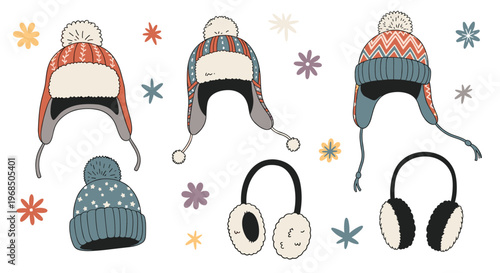 Diverse collection of winter headwear features beanies with pom-poms, earflap hats, and fuzzy earmuffs surrounded by colorful snowflake icons.