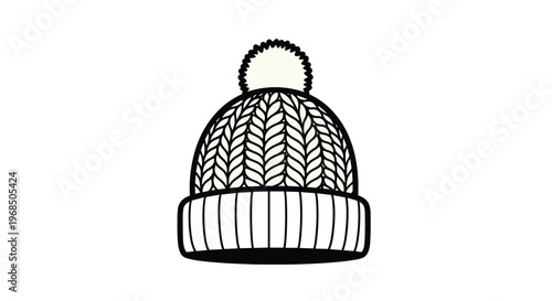 Simple line drawing of a classic knitted beanie hat with a large pom-pom on top provides a clean minimalist winter apparel icon or template.