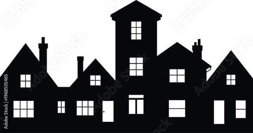 Silhouetted collection of diverse residential houses forming a charming streetscape with varied rooflines and windows