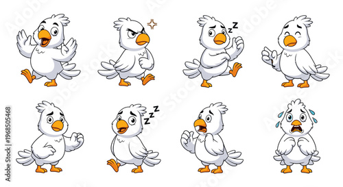 Playful cartoon bird expressing various emotions and actions  