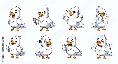 Cartoon bird expressing various emotions and actions in eight poses  