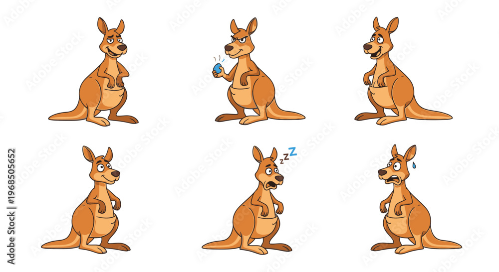 Naklejka premium Cartoon kangaroo in various poses showing emotions and actions 