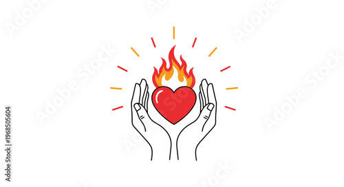 Stylized illustration of two human hands gently cradling a red heart that is glowing with bright orange and yellow flames.