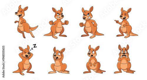Cartoon kangaroo expressions including happy, angry, and sleepy poses  