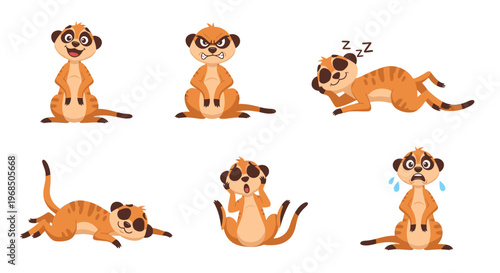 Cartoon meerkat character displaying various emotions and actions  