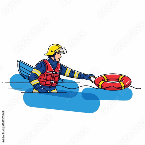 Firefighter in water rescue operation with lifebuoy.