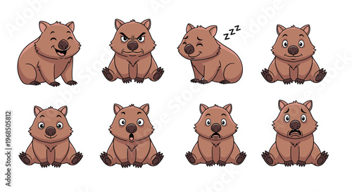 Cartoon wombats displaying various emotions and expressions on white background  