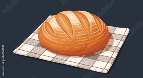 Freshly baked loaf of crusty sourdough bread resting on a checkered kitchen towel against a dark solid background.