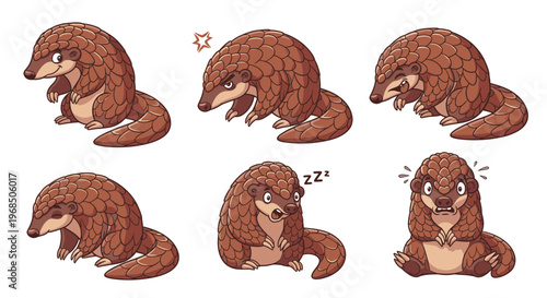 Cute cartoon pangolin expressing various emotions and actions  