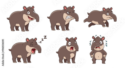 Cartoon tapir displayed in various emotions and actions  
