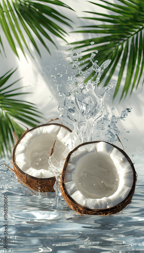 A refreshing image of coconut halves splashing in clear water