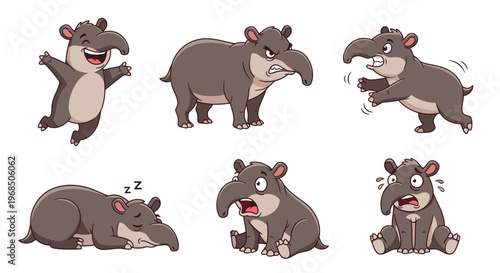 Cartoon tapir displaying various emotions in playful poses  