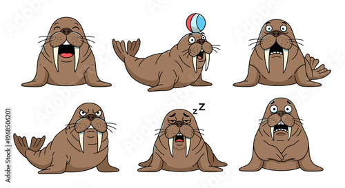 Cartoon walruses expressing various emotions and actions 