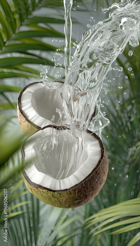 A refreshing image of coconut water splashing on tropical leaves