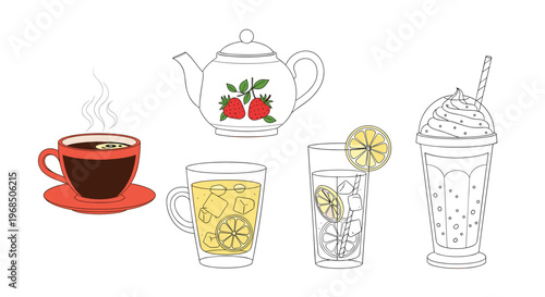 Collection of assorted drink illustrations including a hot cup of coffee, a teapot, iced tea, lemon water, and a milkshake.