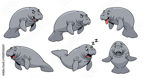 Cartoon manatees displaying various emotions and actions in colorful style  