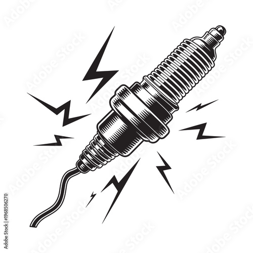 Vintage style spark plug illustration with surrounding electrical discharge