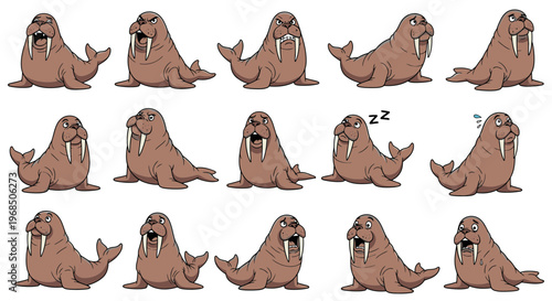 Cartoon walruses in various poses and expressions on white background  