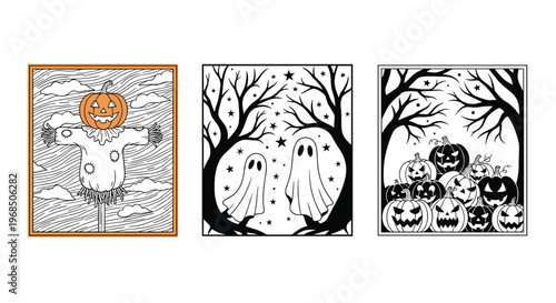 Three square scenes for Halloween featuring a scarecrow with a pumpkin head, ghosts in a forest, and a pile of jack o lanterns.