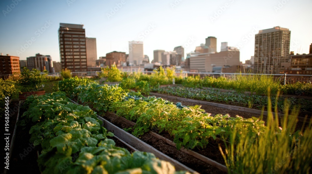 Fototapeta premium Community rooftop garden with people and city skyline sunset