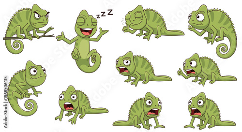 Playful cartoon chameleons expressing various emotions on white background  