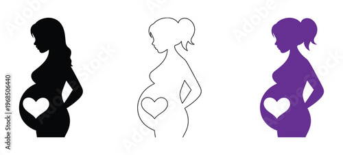 Pregnant woman icon set, maternity mother with baby belly silhouette, prenatal motherhood vector illustration isolated on transparent background