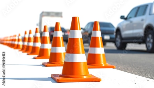 A line of orange and white traffic markers creates a visible path, guiding vehicles along the road with blurred cars in the background