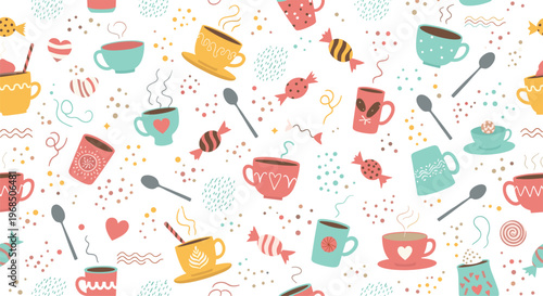 Whimsical seamless pattern filled with colorful coffee mugs, teacups, wrapped candies, spoons, and hearts for cafe branding.