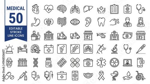 Medical icon set. Containing healthcare, doctor, hospital, ambulance, clinic, pharmacy, medicine, nurse, pills, treatment, surgery and more. Editable line icons. Vector illustration.