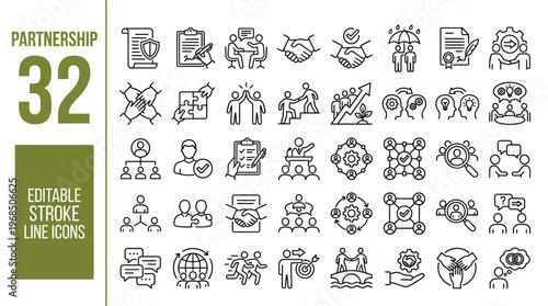 Partnership icon set. Containing business, agreement, cooperation, conversation, teamwork, documentation, work group and more. Editable line icons. Vector illustration.