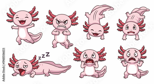 Cartoon axolotl character expressions including happy, sad, and angry  