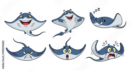 Cartoon stingrays expressing various emotions and reactions  