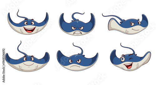 Cartoon stingrays showing different facial expressions and emotions  