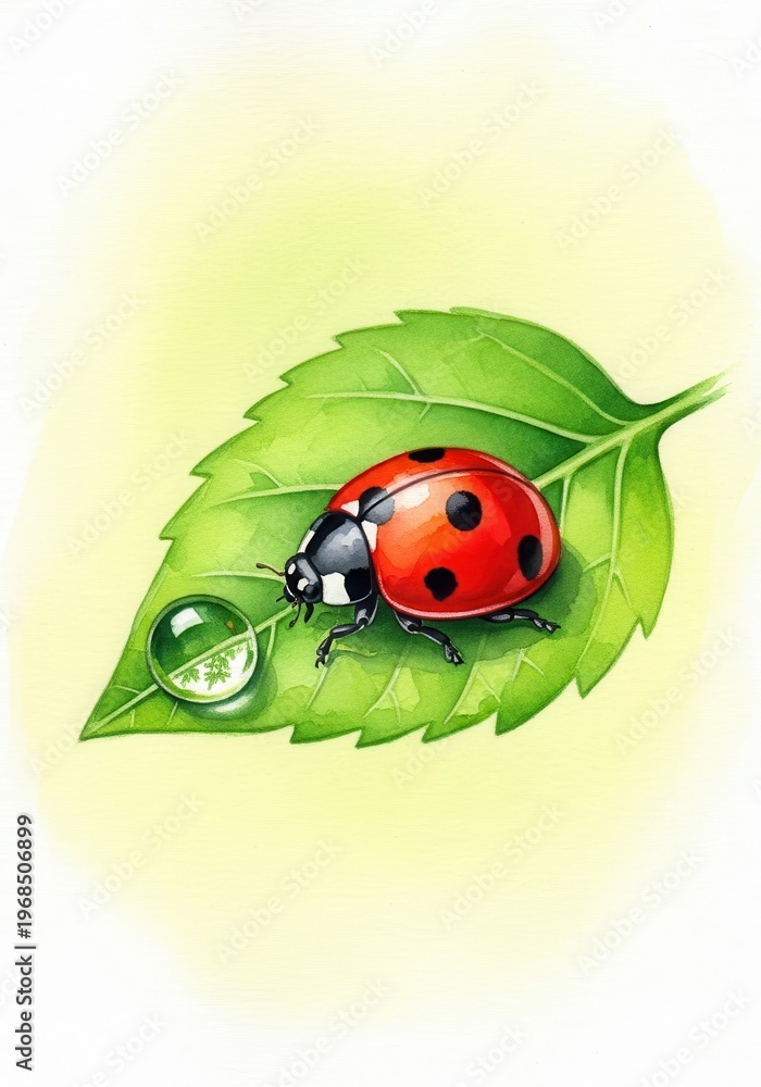 Fototapeta premium Vibrant red spotted insect rests upon a detailed green leaf featuring a dewdrop.