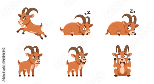 Cartoon ibex displaying various emotions and actions on white background  