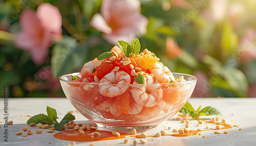 A delicious shrimp salad in a glass bowl on a table outdoors