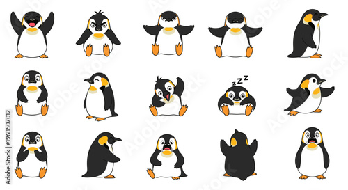 Playful emperor penguins in various poses and expressions on white background  