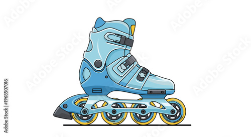 Modern blue inline skate or rollerblade with yellow wheels isolated on white background for sports and active lifestyle themes.