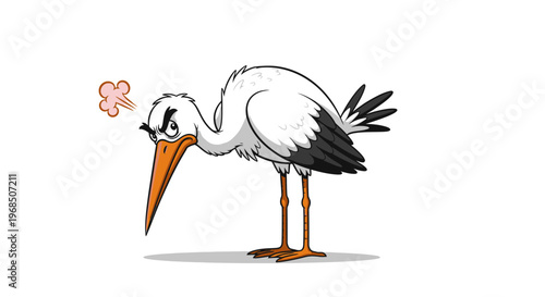 Cartoon stork with an angry expression standing on a white background  