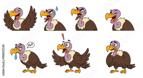 Cartoon vulture expressing various emotions and gestures in illustrations  