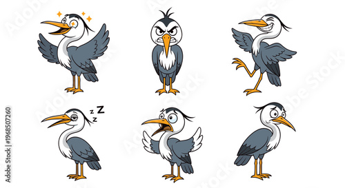 Cartoon heron character showing various emotions and poses  
