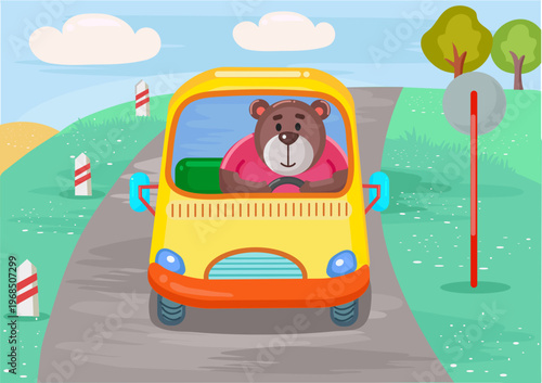 A bear driving a yellow and orange school bus on a road