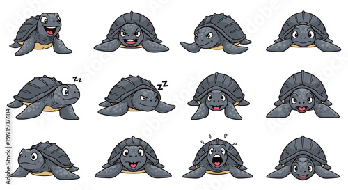 Cartoon turtle expressing various emotions and actions in multiple poses  