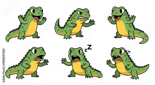 Cartoon dinosaur expressing various emotions and actions in six poses  