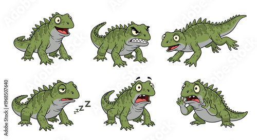 Cartoon tuatara displaying various emotions and actions in six poses  