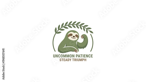 Charming cartoon sloth emblem radiating resilience and the power of persistent effort, symbolizing the sweet reward of steady progress and ultimate achievement