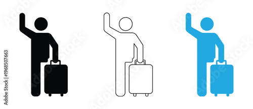 Traveler with luggage icon set, tourist backpack suitcase travel journey symbol, outline and solid and color style. Vector illustration.