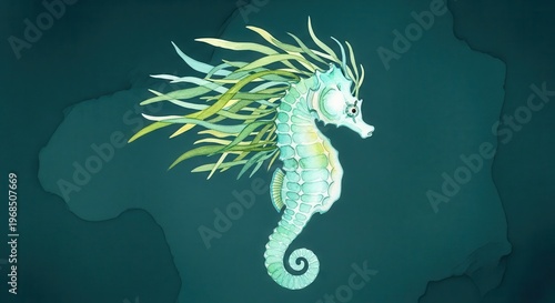 Marine creature illustration featuring flowing aquatic foliage against a deep underwater backdrop
